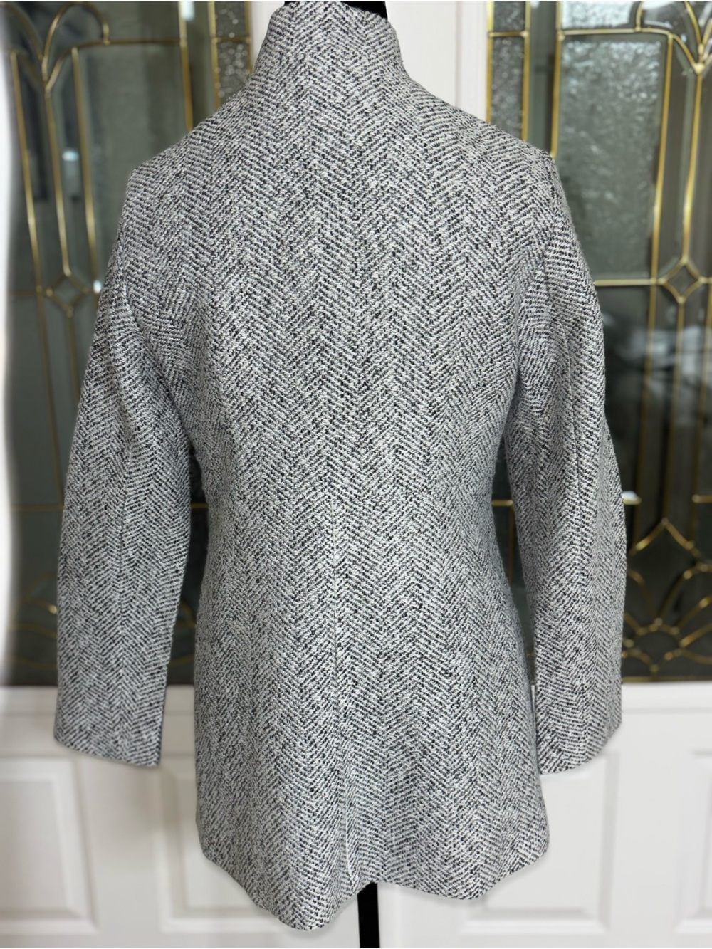 Gray Herringbone Collarless Pea Coat - Picture 3 of 7